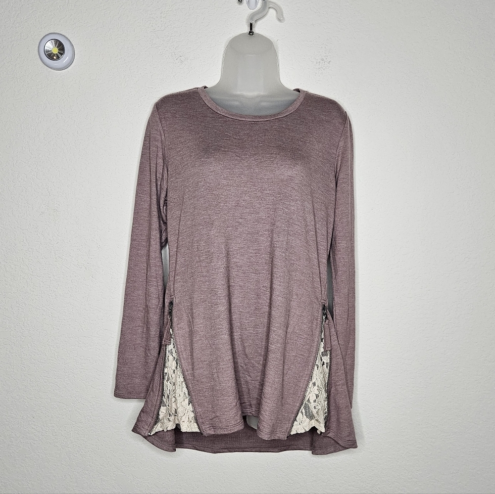 LOGO Lounge Tan Mauve Long Sleeve Tunic with Lace Inserts Zip Sides
